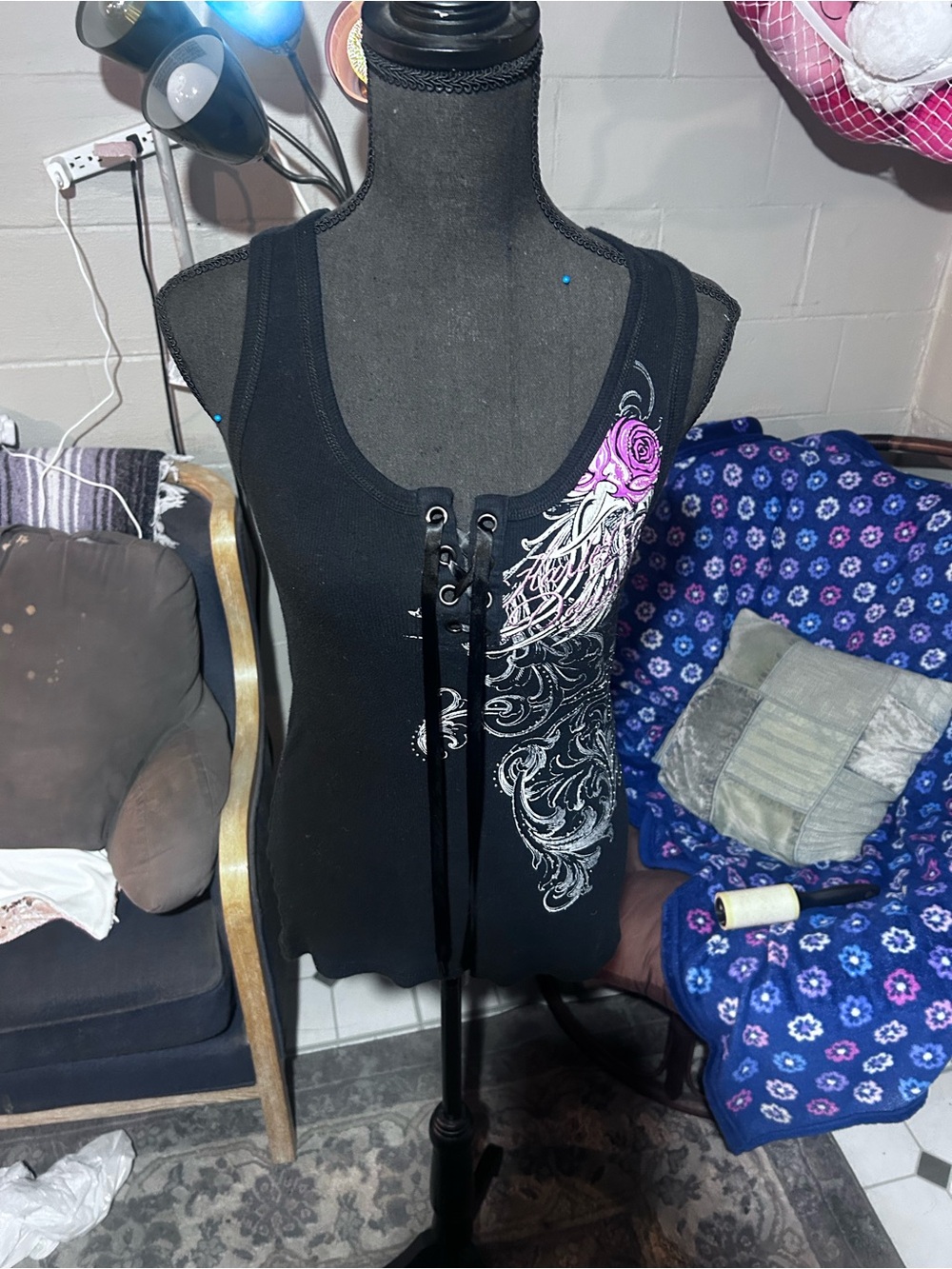 Harley Davidson Black Lace-Up Tank Top with Pink Floral Accent